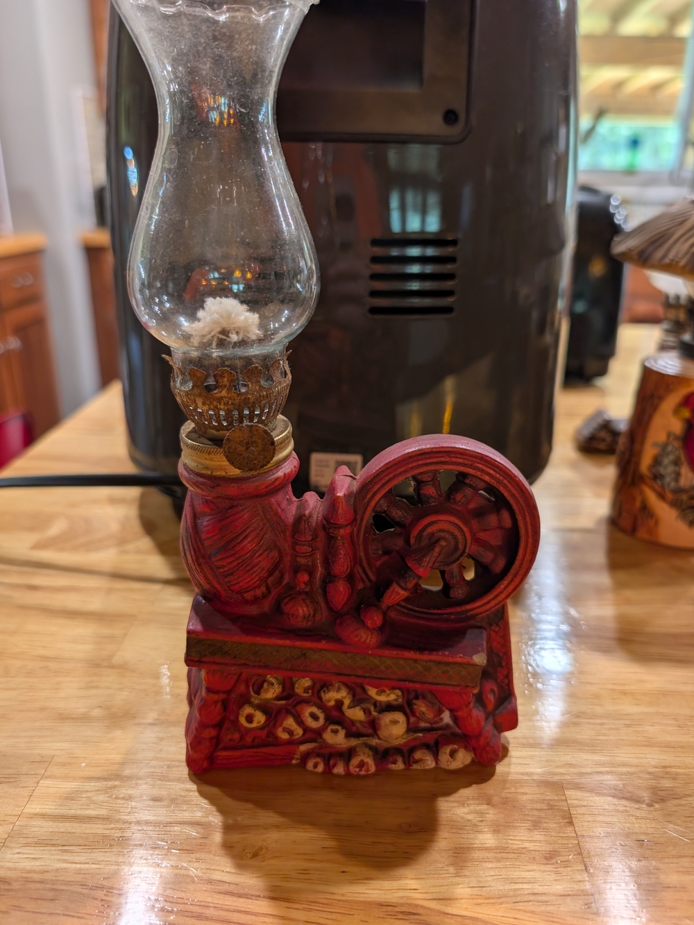 Vintage Miniature Red Spinning Wheel Oil Lamp